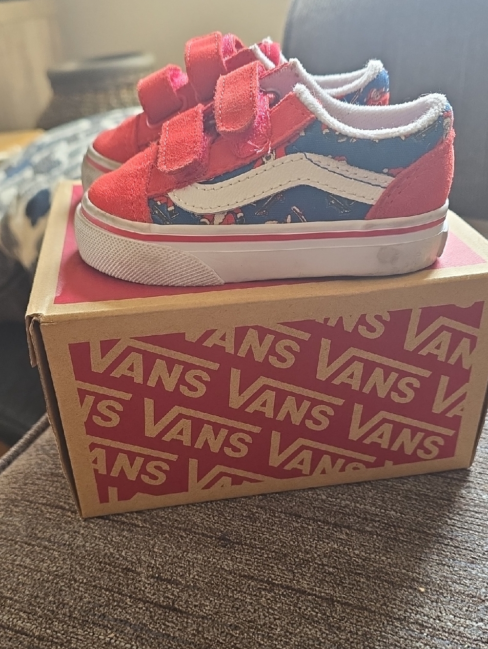 Vans Kids' Red Blue Velcro Skate Sneakers With Santas